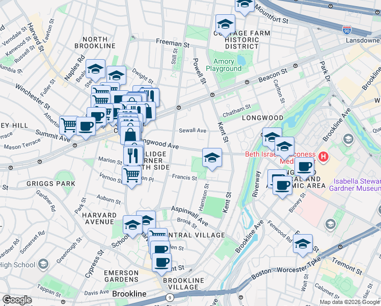 map of restaurants, bars, coffee shops, grocery stores, and more near 89-95 Longwood Avenue in Brookline