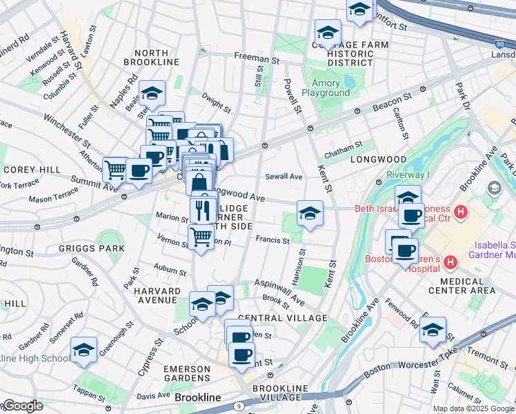 map of restaurants, bars, coffee shops, grocery stores, and more near 118 Saint Paul Street in Brookline