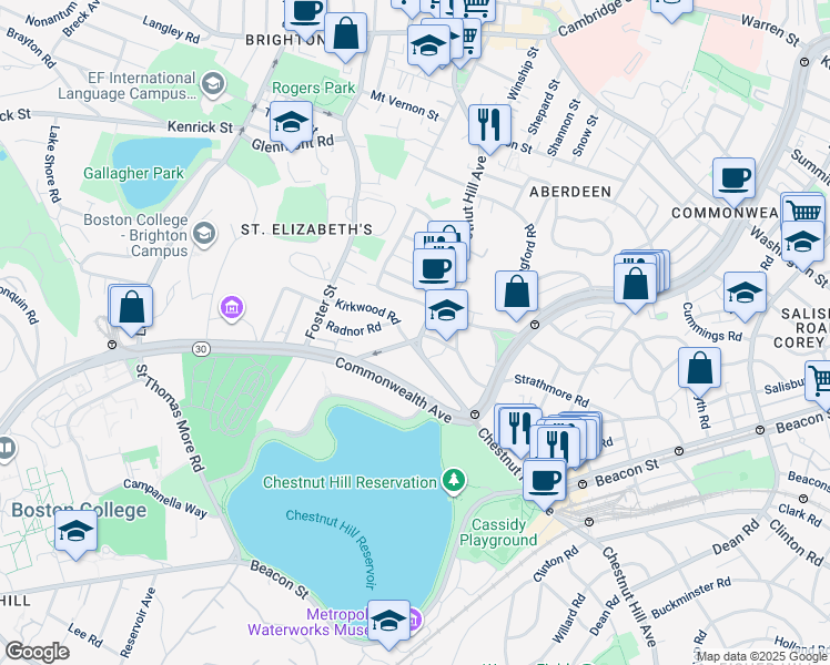 map of restaurants, bars, coffee shops, grocery stores, and more near 217 Chestnut Hill Avenue in Boston