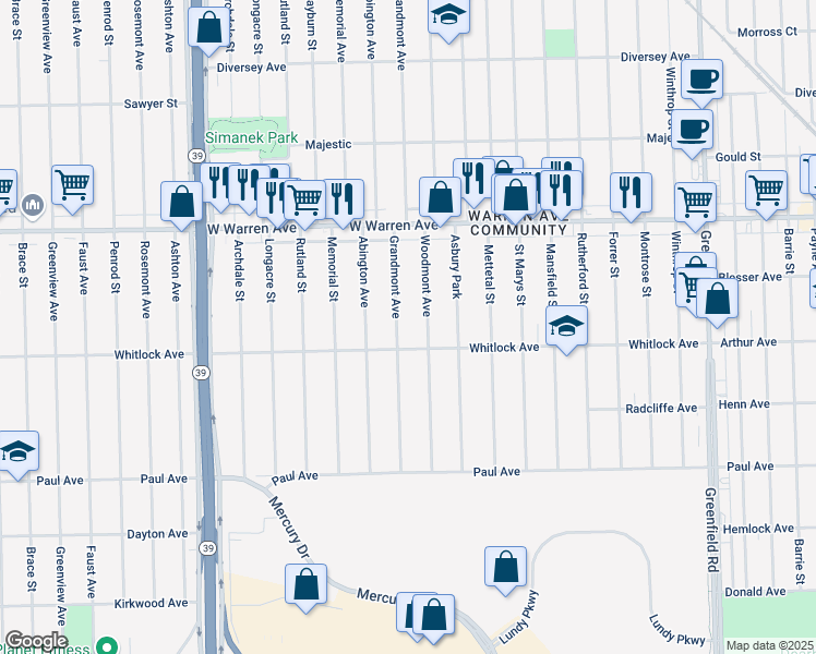 map of restaurants, bars, coffee shops, grocery stores, and more near 6736 Grandmont Avenue in Detroit
