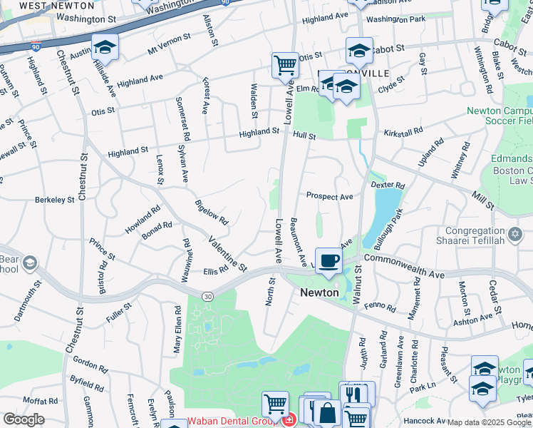 map of restaurants, bars, coffee shops, grocery stores, and more near 67 Oak Cliff Road in Newton