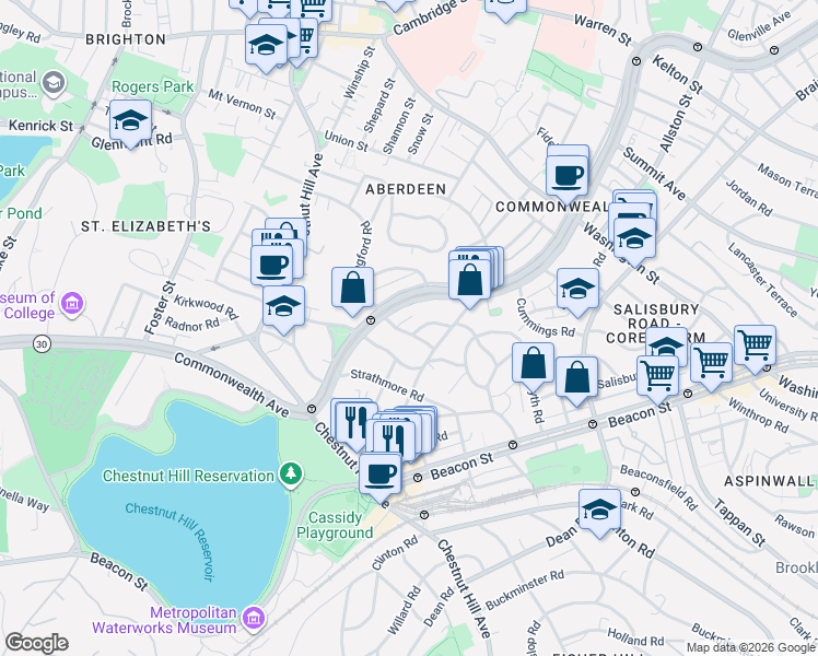 map of restaurants, bars, coffee shops, grocery stores, and more near 127 Lanark Road in Boston