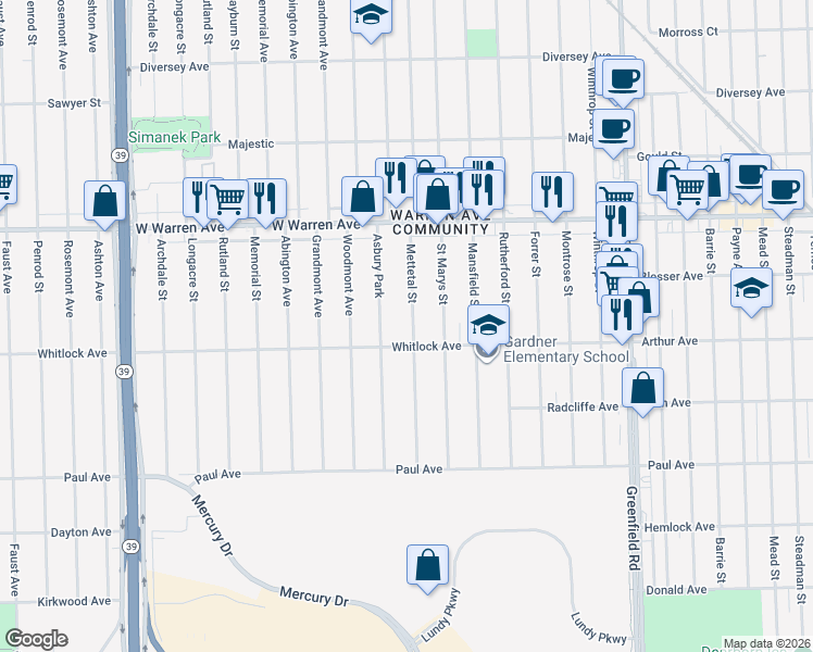 map of restaurants, bars, coffee shops, grocery stores, and more near 6739 Mettetal Street in Detroit