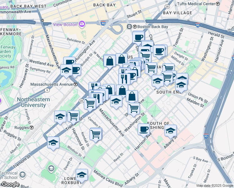 map of restaurants, bars, coffee shops, grocery stores, and more near 700 Tremont Street in Boston