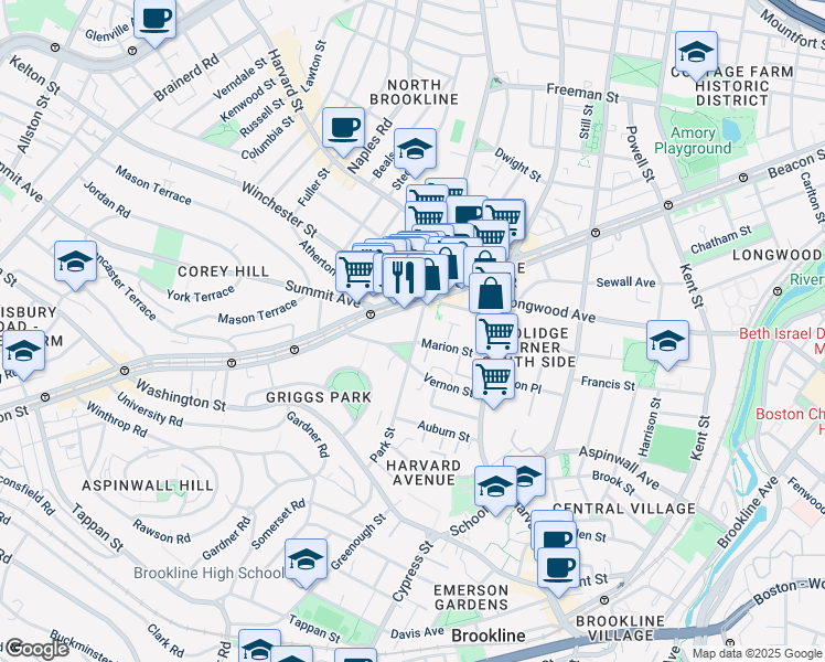 map of restaurants, bars, coffee shops, grocery stores, and more near in Brookline