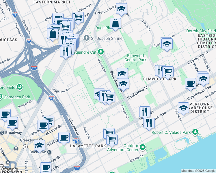 map of restaurants, bars, coffee shops, grocery stores, and more near 1321 Orleans Street in Detroit