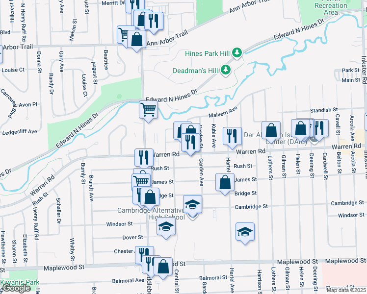 map of restaurants, bars, coffee shops, grocery stores, and more near 29026 Warren Road in Westland