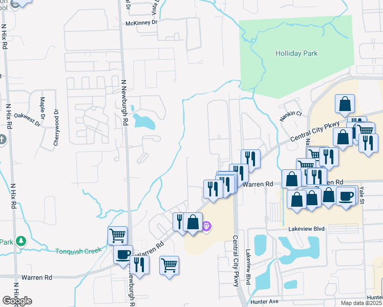 map of restaurants, bars, coffee shops, grocery stores, and more near 7360 Wilderness Park Drive in Westland