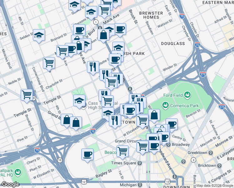 map of restaurants, bars, coffee shops, grocery stores, and more near 2540 Park Avenue in Detroit