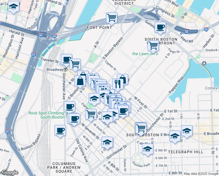 map of restaurants, bars, coffee shops, grocery stores, and more near 120 Bolton Street in Boston