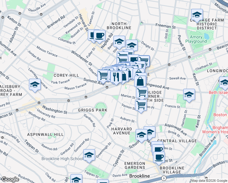 map of restaurants, bars, coffee shops, grocery stores, and more near in Brookline