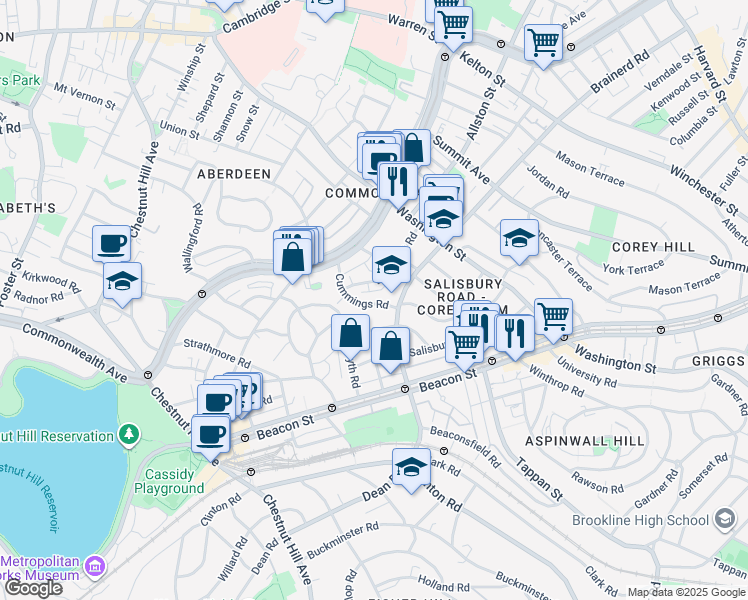 map of restaurants, bars, coffee shops, grocery stores, and more near 11 Cummings Road in Boston