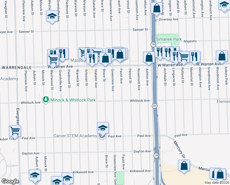 map of restaurants, bars, coffee shops, grocery stores, and more near 6754 Greenview Avenue in Detroit