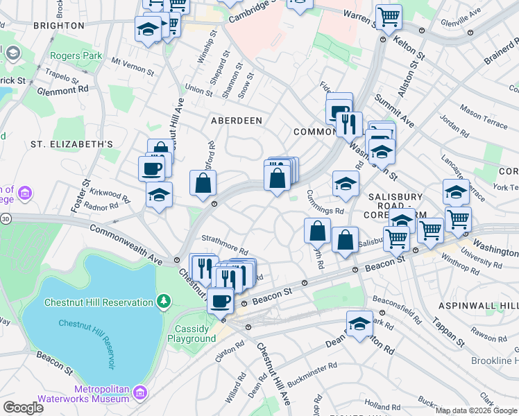 map of restaurants, bars, coffee shops, grocery stores, and more near 132 Sutherland Road in Boston