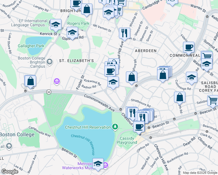 map of restaurants, bars, coffee shops, grocery stores, and more near 217 Chestnut Hill Avenue in Boston