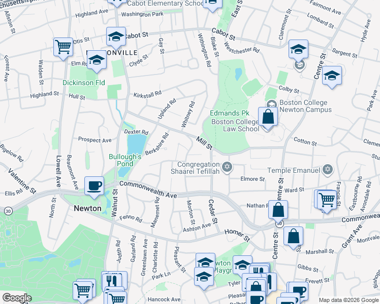 map of restaurants, bars, coffee shops, grocery stores, and more near 44 Morton Street in Newton
