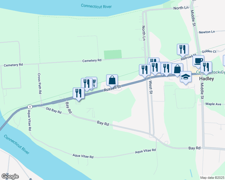map of restaurants, bars, coffee shops, grocery stores, and more near 73 Russell Street in Hadley