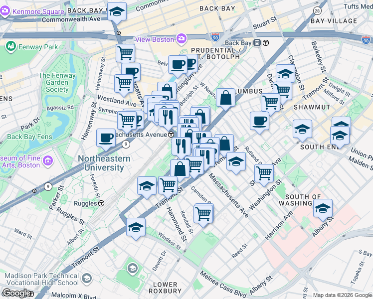 map of restaurants, bars, coffee shops, grocery stores, and more near 586 Columbus Avenue in Boston