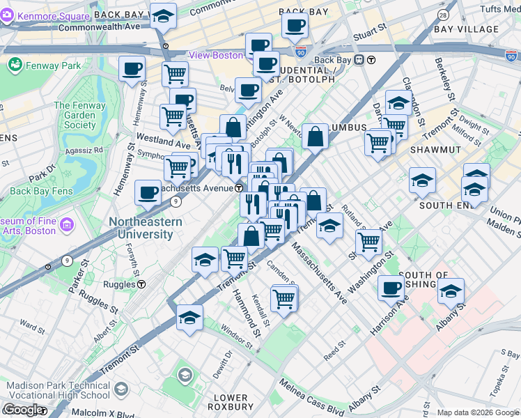 map of restaurants, bars, coffee shops, grocery stores, and more near 435 Massachusetts Avenue in Boston