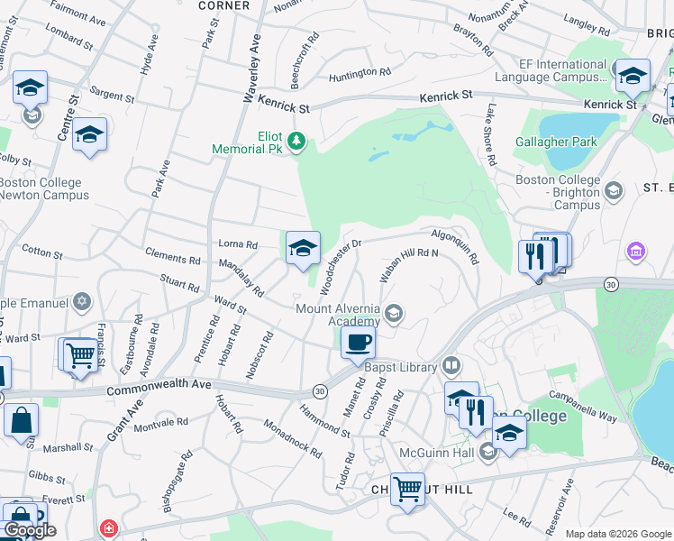 map of restaurants, bars, coffee shops, grocery stores, and more near 79 Woodchester Drive in Newton