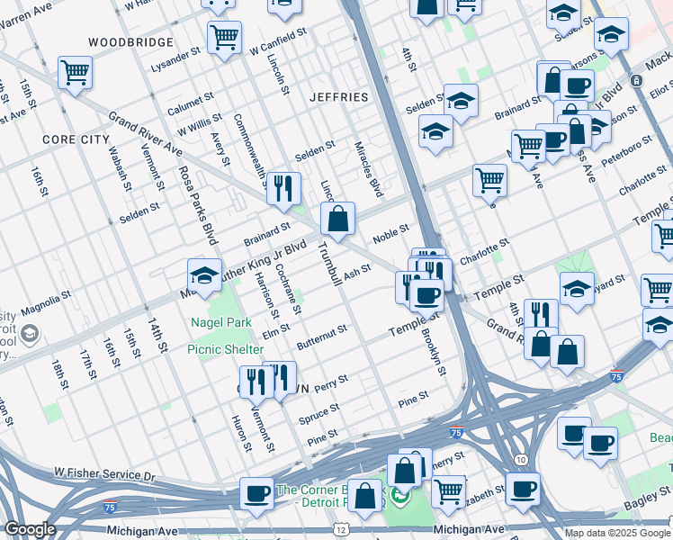 map of restaurants, bars, coffee shops, grocery stores, and more near 3340 Trumbull in Detroit