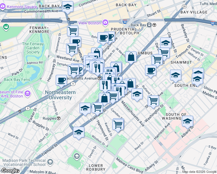 map of restaurants, bars, coffee shops, grocery stores, and more near 433 Massachusetts Avenue in Boston