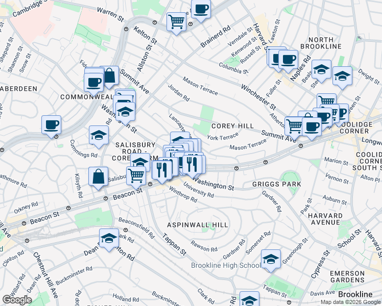 map of restaurants, bars, coffee shops, grocery stores, and more near 25 Westbourne Terrace in Brookline