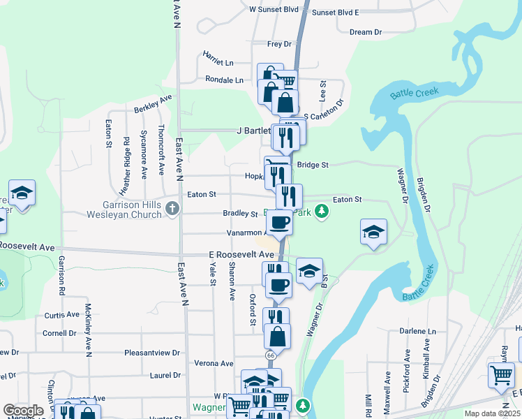 map of restaurants, bars, coffee shops, grocery stores, and more near 42 Bradley Street in Battle Creek