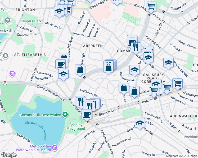 map of restaurants, bars, coffee shops, grocery stores, and more near 110 Lanark Road in Boston