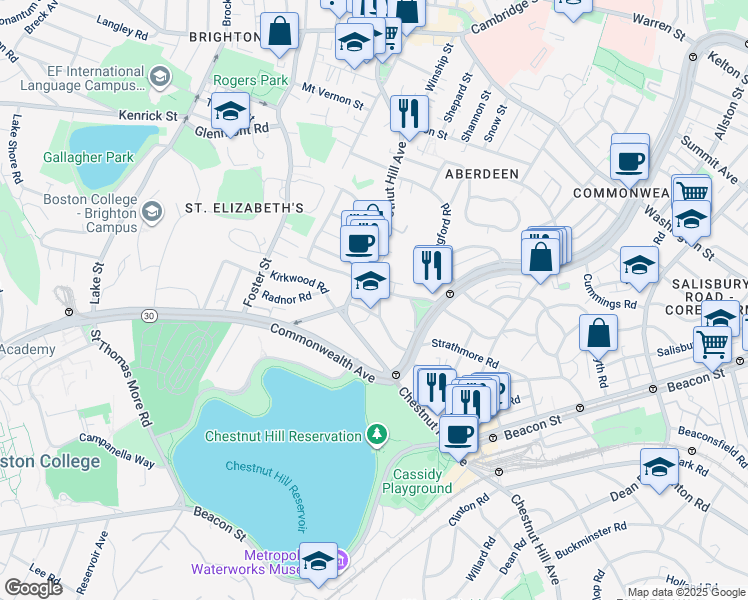 map of restaurants, bars, coffee shops, grocery stores, and more near 186 Chestnut Hill Avenue in Boston