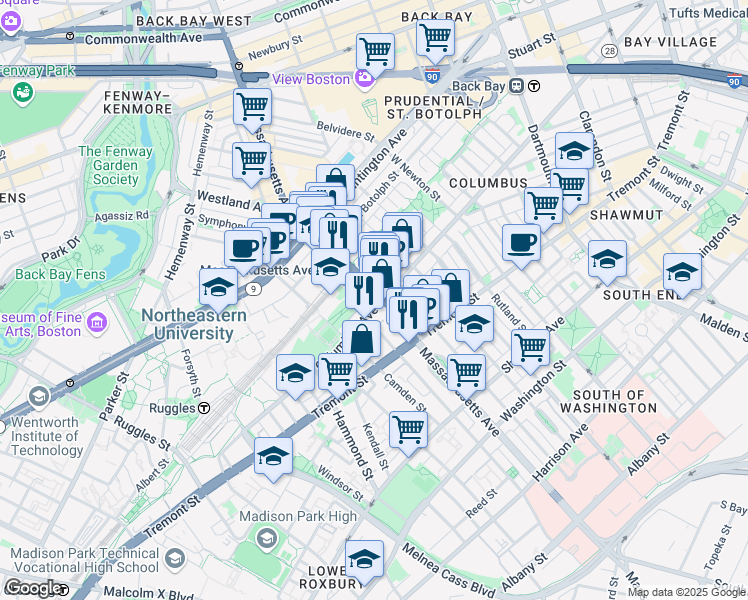 map of restaurants, bars, coffee shops, grocery stores, and more near 435 Massachusetts Avenue in Boston