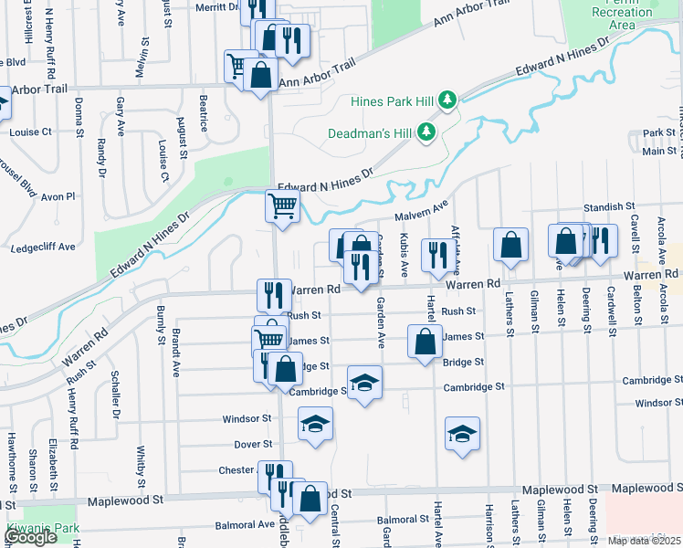 map of restaurants, bars, coffee shops, grocery stores, and more near 7370 Central Street in Westland
