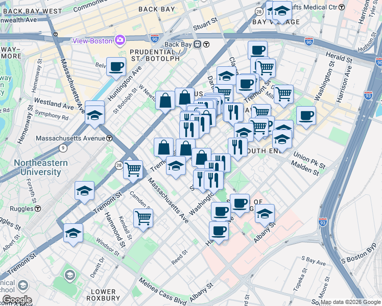 map of restaurants, bars, coffee shops, grocery stores, and more near 86 West Haven Street in Boston