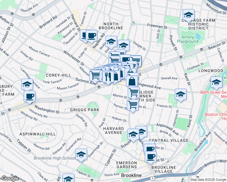map of restaurants, bars, coffee shops, grocery stores, and more near in Brookline