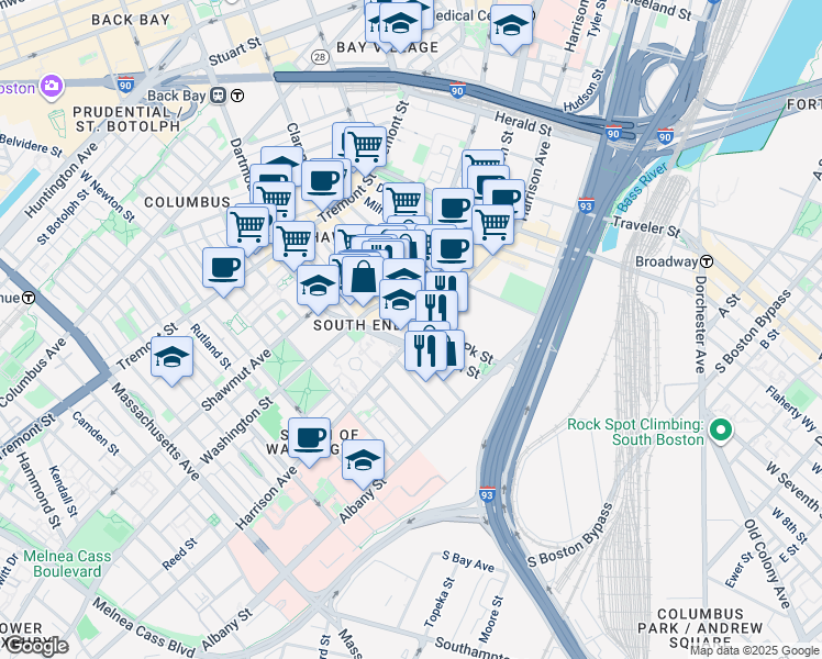 map of restaurants, bars, coffee shops, grocery stores, and more near 75 Union Park Street in Boston
