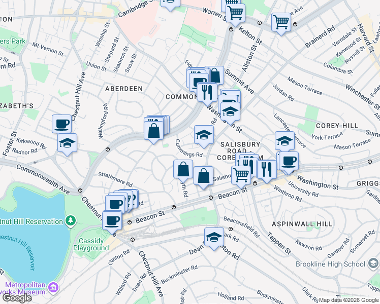 map of restaurants, bars, coffee shops, grocery stores, and more near 11 Cummings Road in Boston