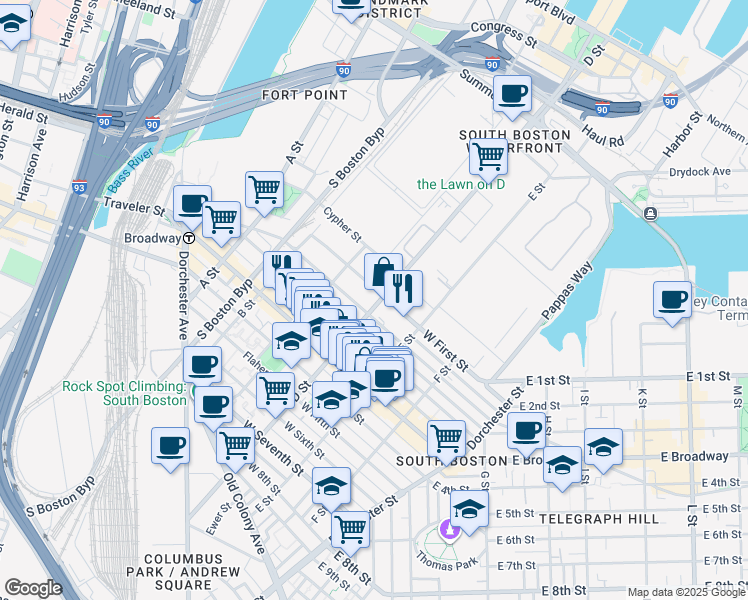 map of restaurants, bars, coffee shops, grocery stores, and more near in Boston