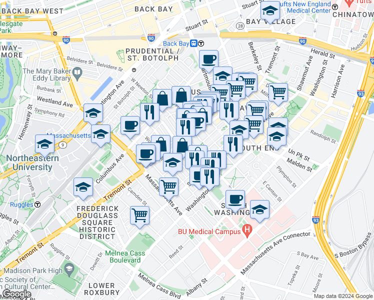 map of restaurants, bars, coffee shops, grocery stores, and more near 86 West Haven Street in Boston