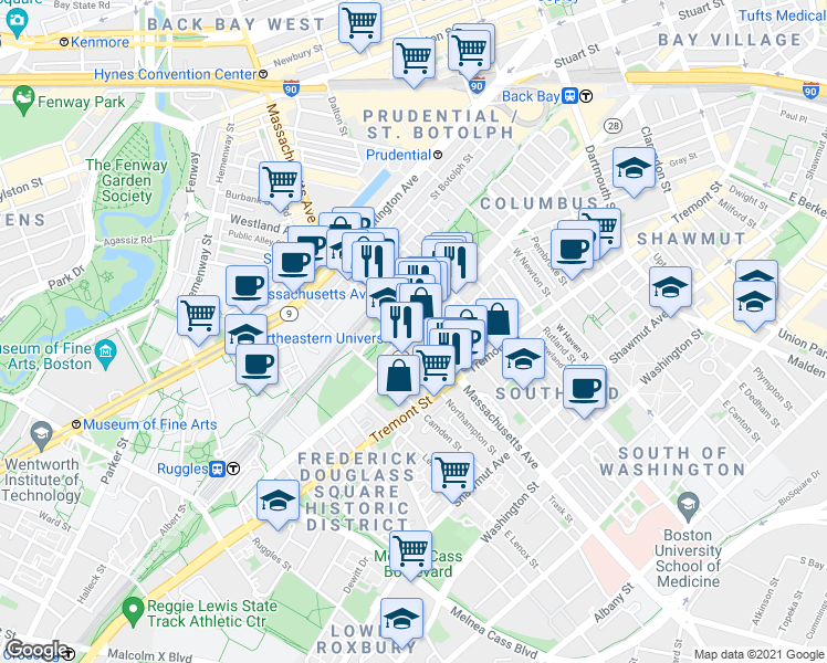 map of restaurants, bars, coffee shops, grocery stores, and more near 586 Columbus Avenue in Boston