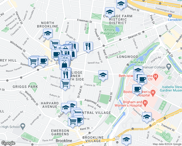 map of restaurants, bars, coffee shops, grocery stores, and more near 89 Longwood Avenue in Brookline