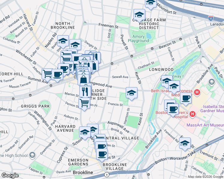 map of restaurants, bars, coffee shops, grocery stores, and more near 89-95 Longwood Avenue in Brookline