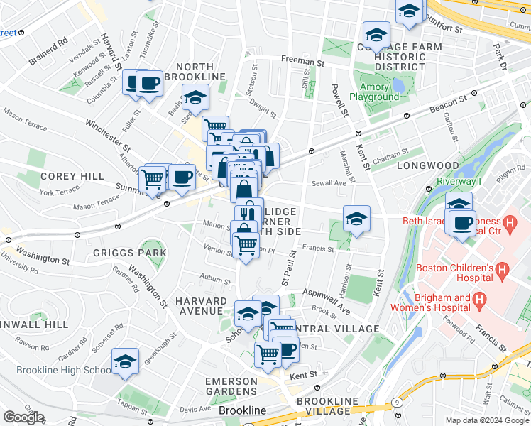 map of restaurants, bars, coffee shops, grocery stores, and more near 20 Stearns Road in Brookline