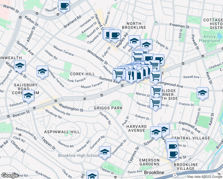 map of restaurants, bars, coffee shops, grocery stores, and more near 1443 Beacon Street in Brookline