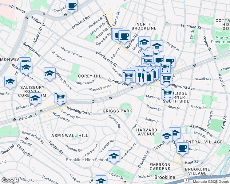 map of restaurants, bars, coffee shops, grocery stores, and more near 1476 Beacon Street in Brookline
