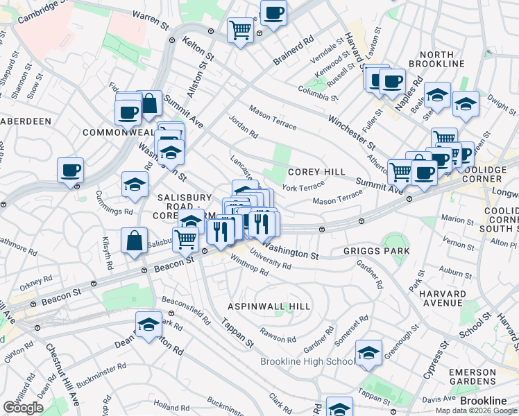 map of restaurants, bars, coffee shops, grocery stores, and more near 25 Westbourne Terrace in Brookline