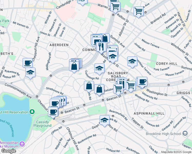 map of restaurants, bars, coffee shops, grocery stores, and more near 11 Cummings Road in Boston