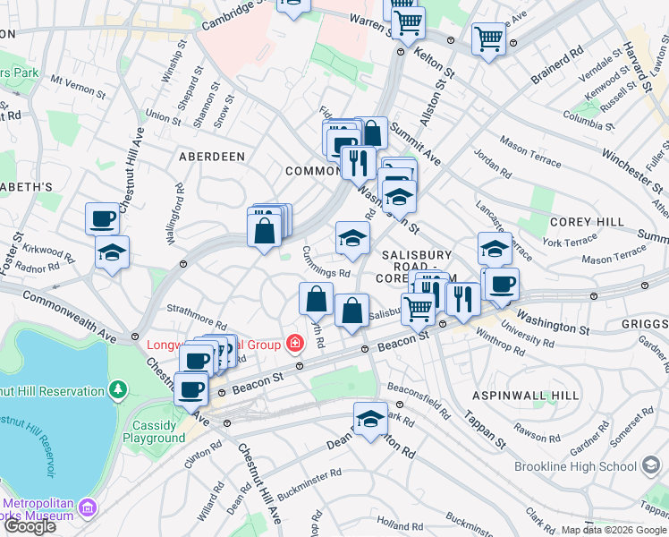 map of restaurants, bars, coffee shops, grocery stores, and more near 11 Cummings Road in Boston