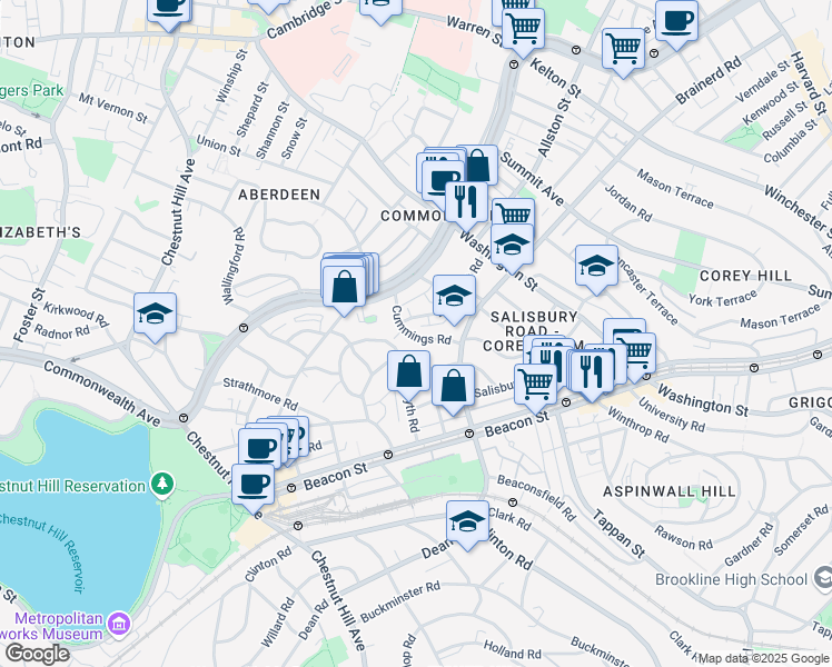 map of restaurants, bars, coffee shops, grocery stores, and more near 11 Cummings Road in Boston