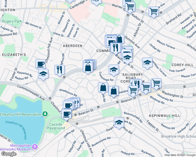 map of restaurants, bars, coffee shops, grocery stores, and more near 36 Cummings Road in Boston