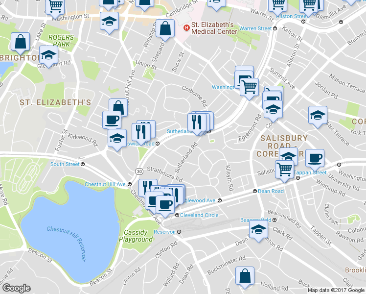 map of restaurants, bars, coffee shops, grocery stores, and more near 98 Lanark Road in Boston